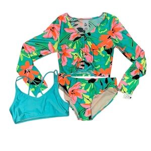 NWT Art Class Girls 3pc UPF 50+ Swimsuit Set Tropical Floral Size Large (10/12)